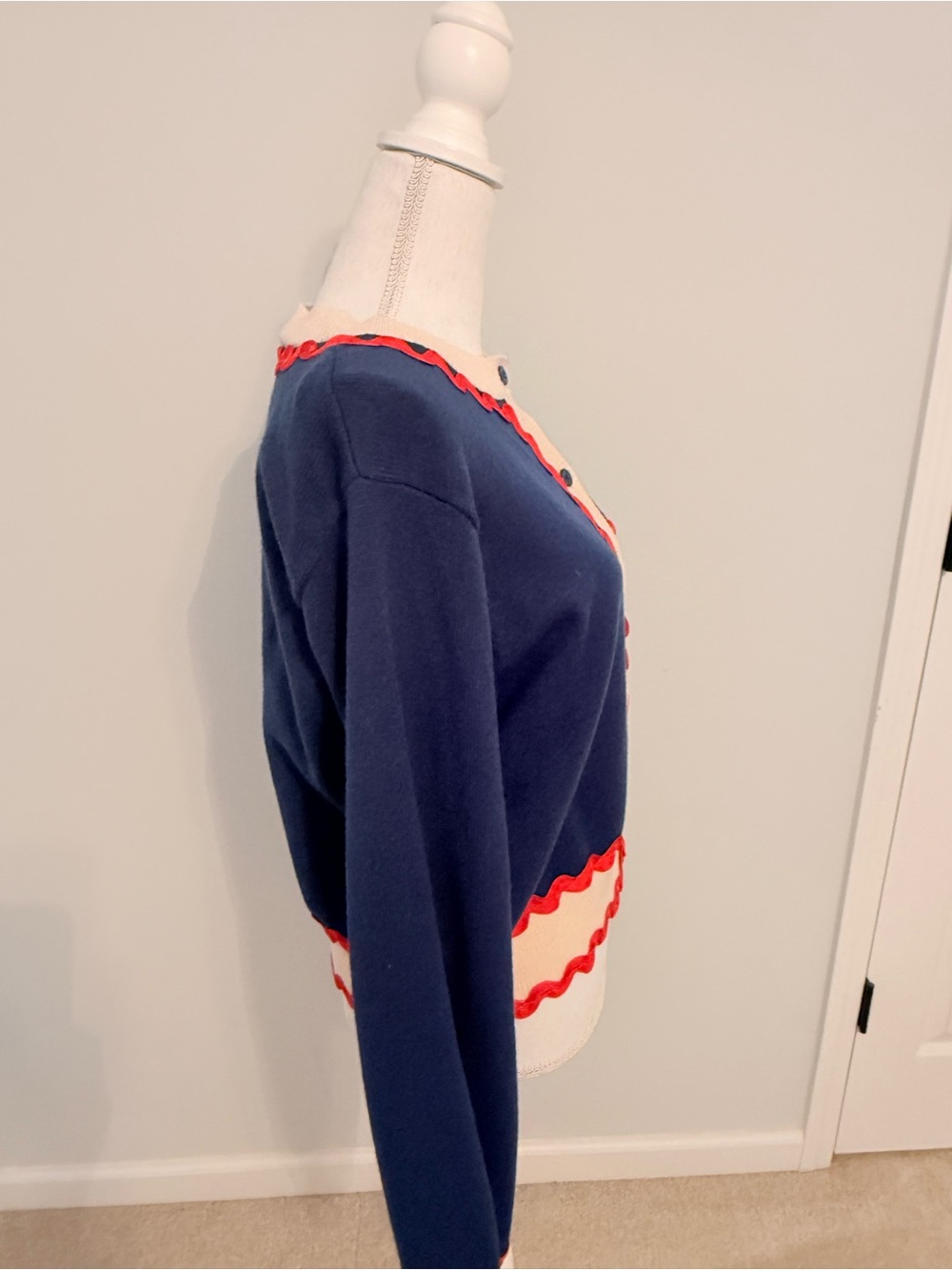 NWT - Preppy and Fun Navy and Cream Women’s Cardigan with Red Trim - Picture 2 of 8